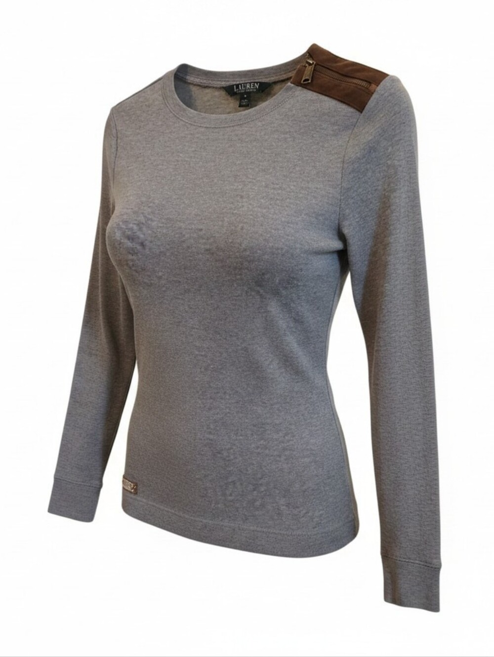 Ralph Lauren Double RL Gray Top with Brown Suede Trim and Brass Zipper